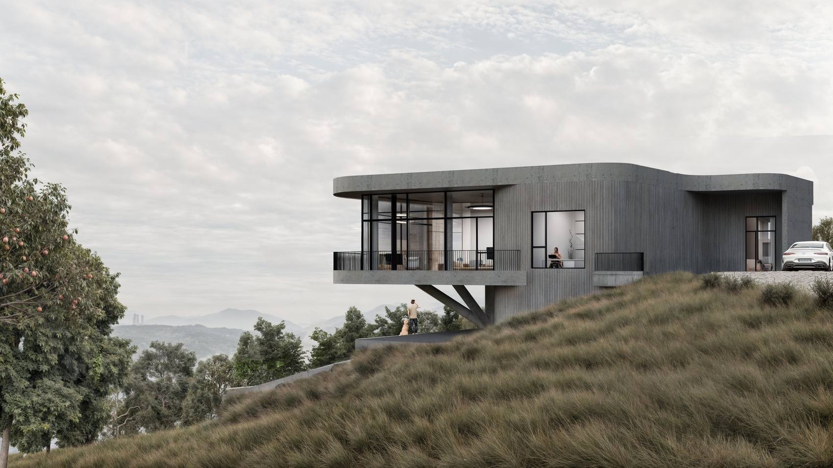 Private residence in Gonio: cantilevered living room with mountain views