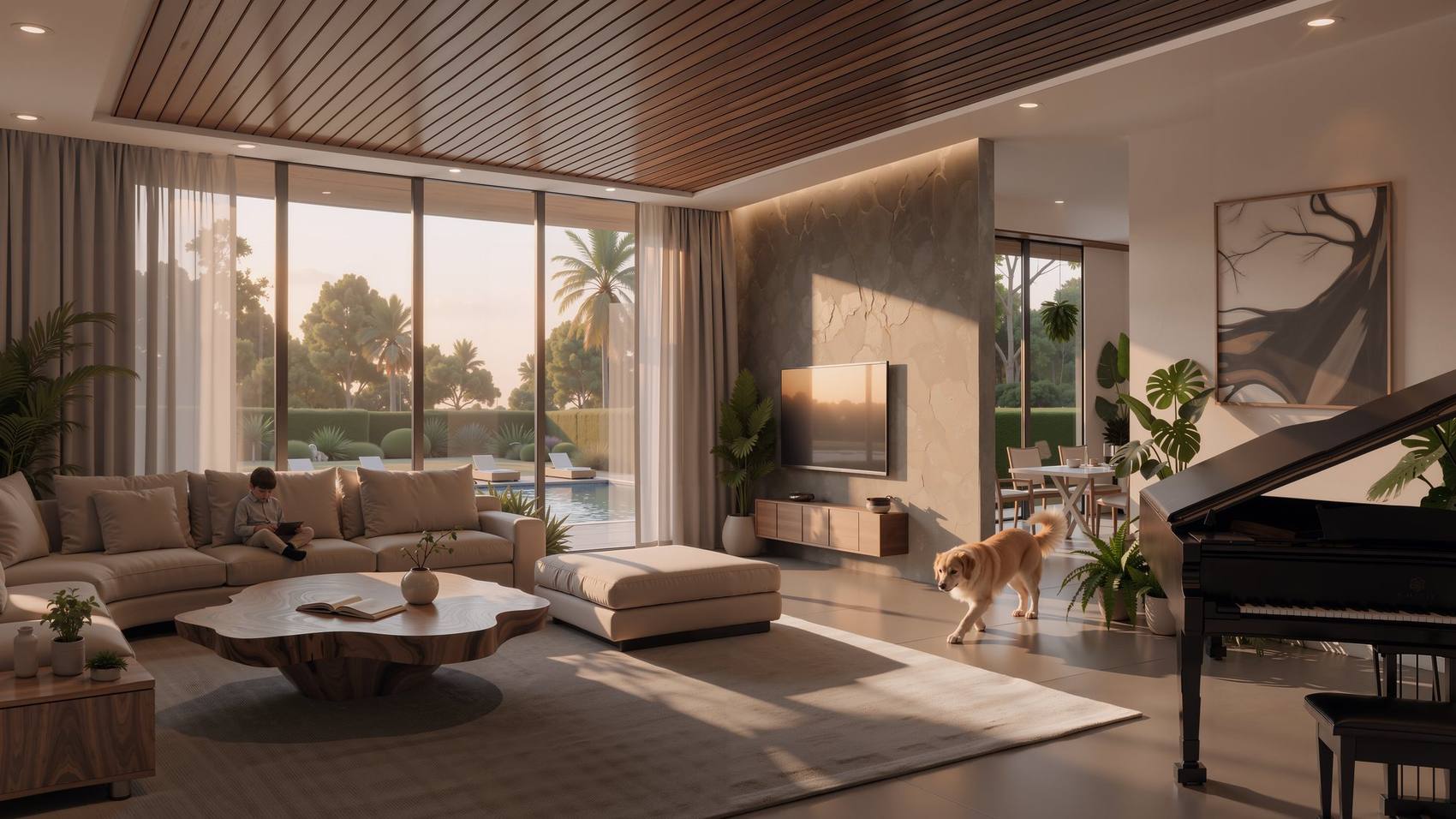 Residential interiors: living room at sunset with a view to the pool