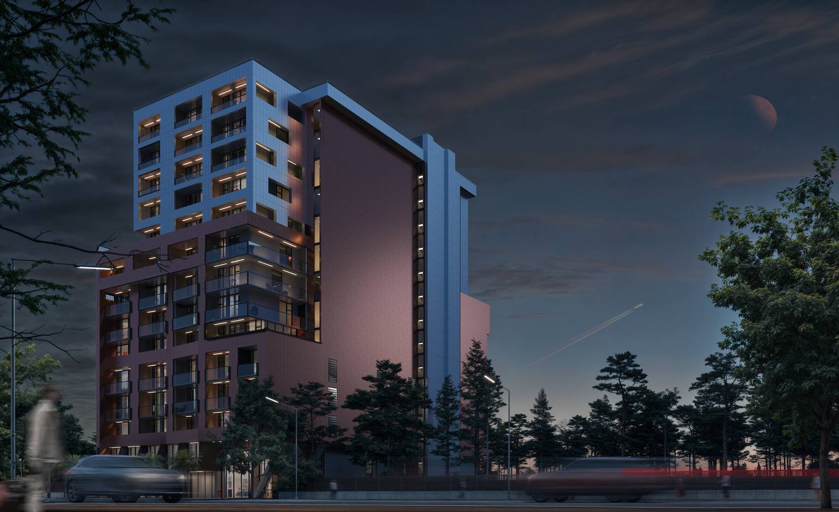 Seaside residential complex: night view from the street